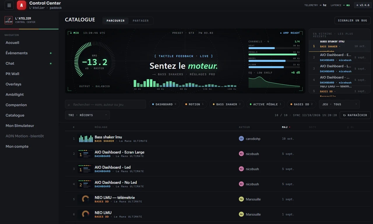 Le Catalogue du Control Center, onglet Parcourir : la vitrine des réglages les plus récents, les filtres par type (dashboard, motion, bass shaker, active pédale, bases DD) et par jeu, et la liste des réglages avec leur auteur et leur date