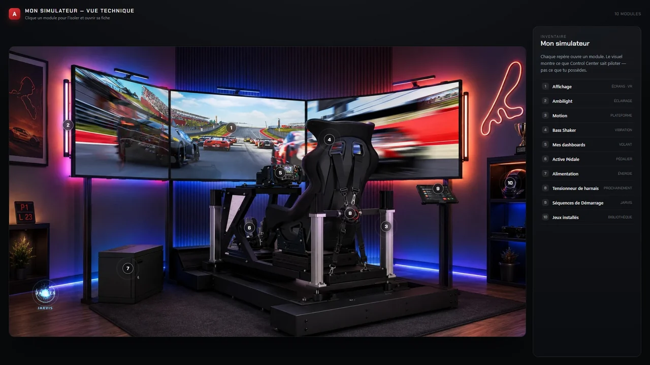 L’écran Mon Simulateur : l’image du rig avec ses repères numérotés et l’inventaire des modules